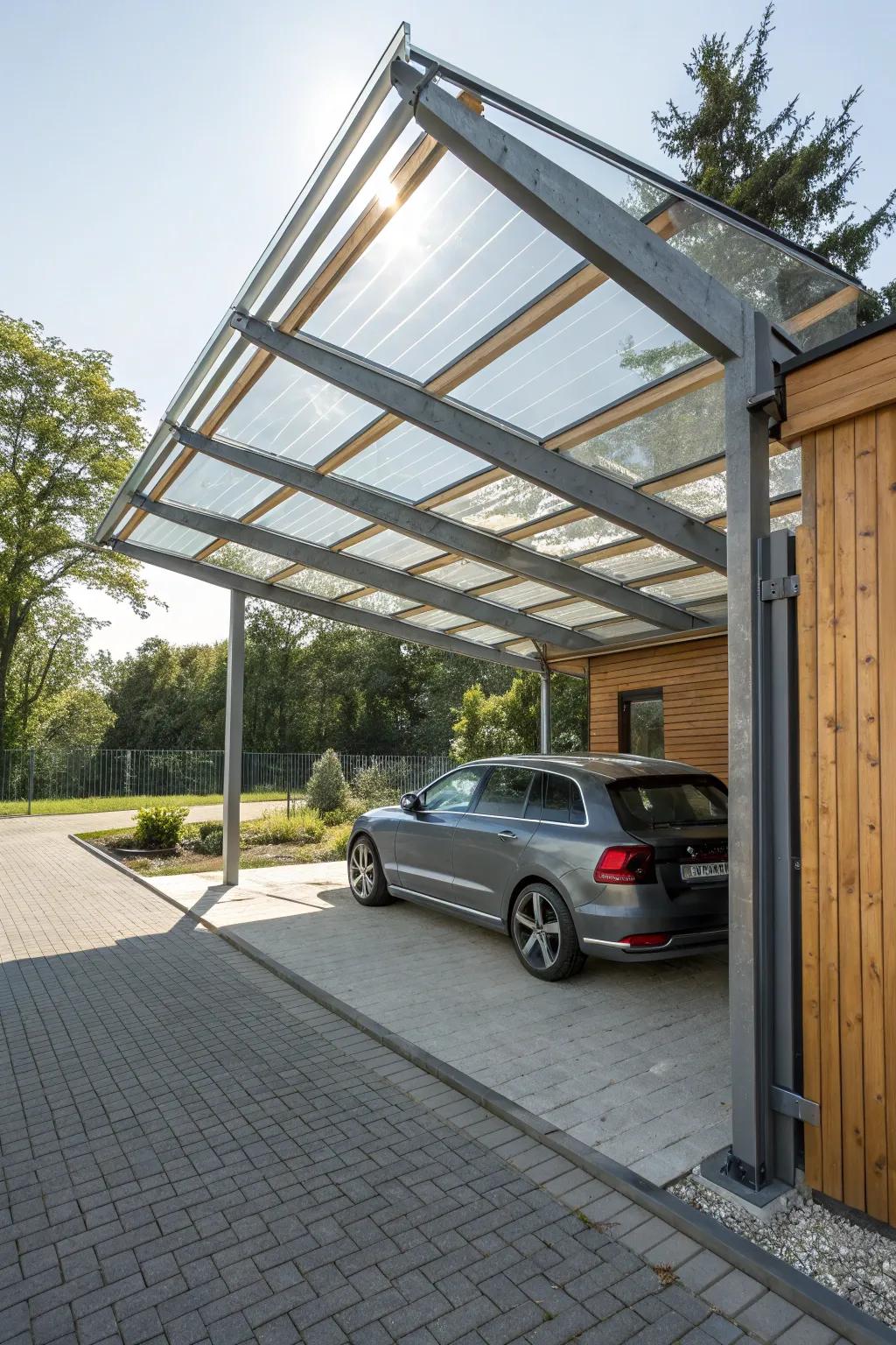 A vibrant carport design, blending metal, crystal, and wood for distinct charm.