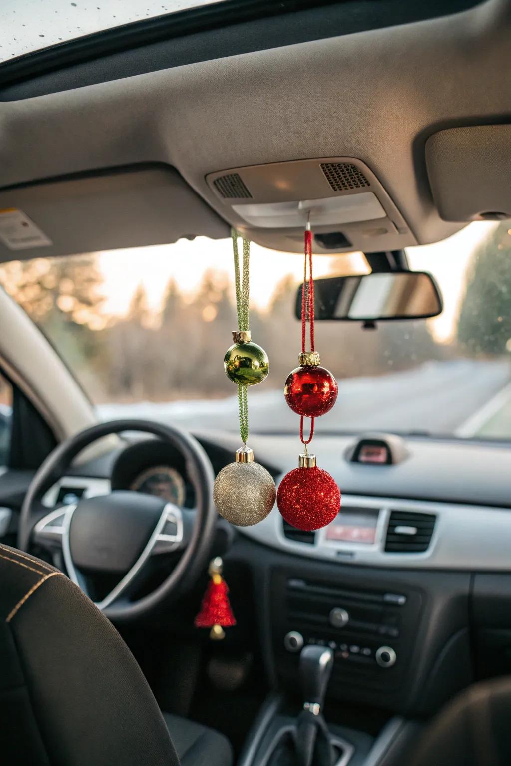 A cozy car with some festive ornaments for some Christmas cheer.