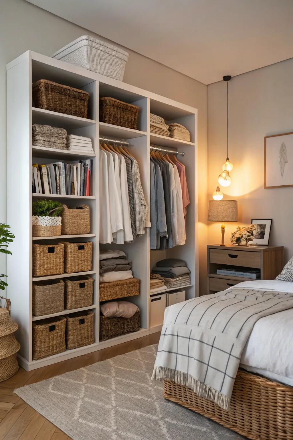 Stylish storage maintains the area organized.