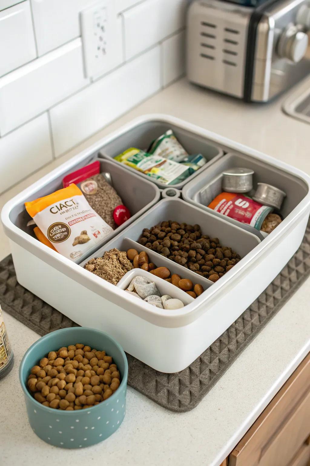 A multi-compartment container for organized feline supplies.