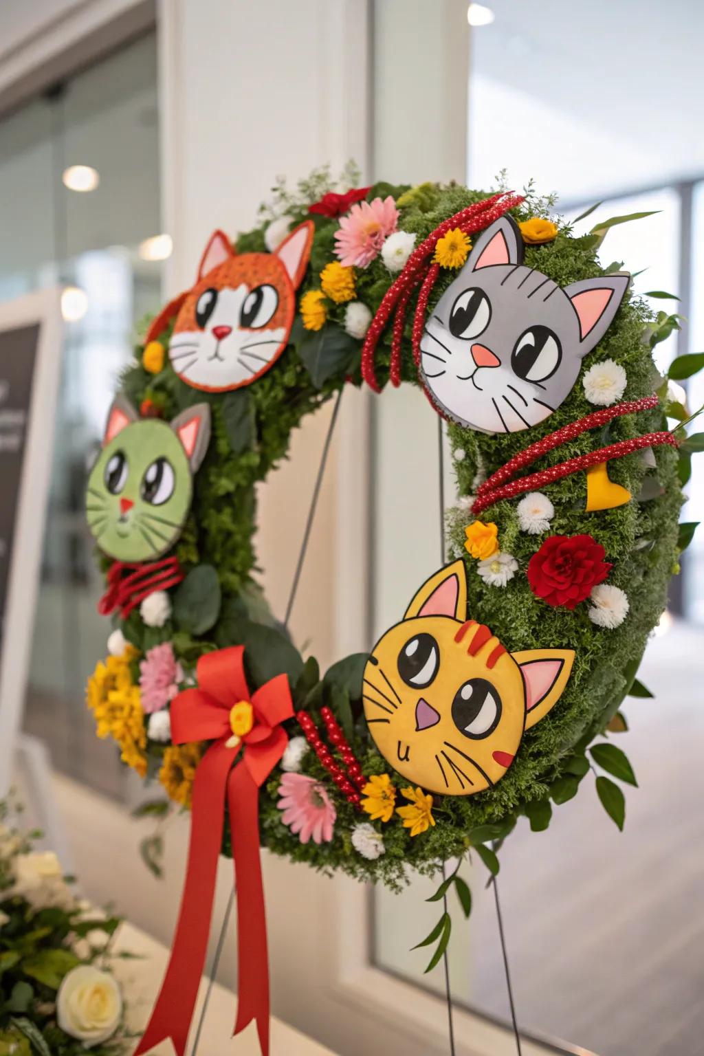 A whimsical cartoonish feline visage wreath for a playful vibe.