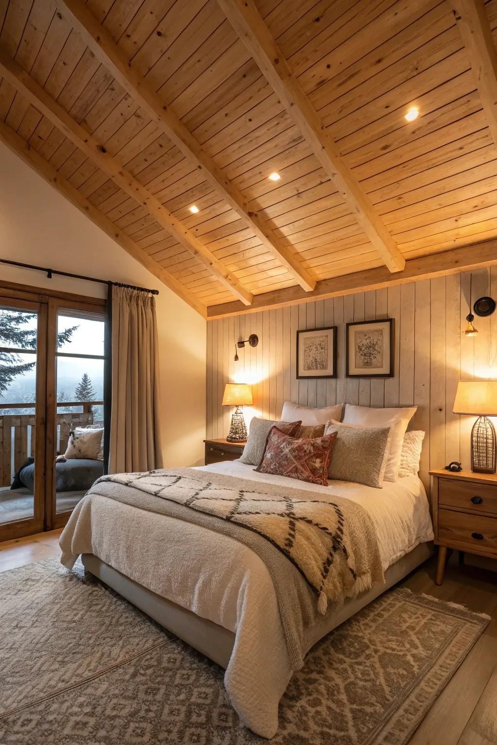 A snug slumber chamber with a timber ceiling, proffering homespun charm.
