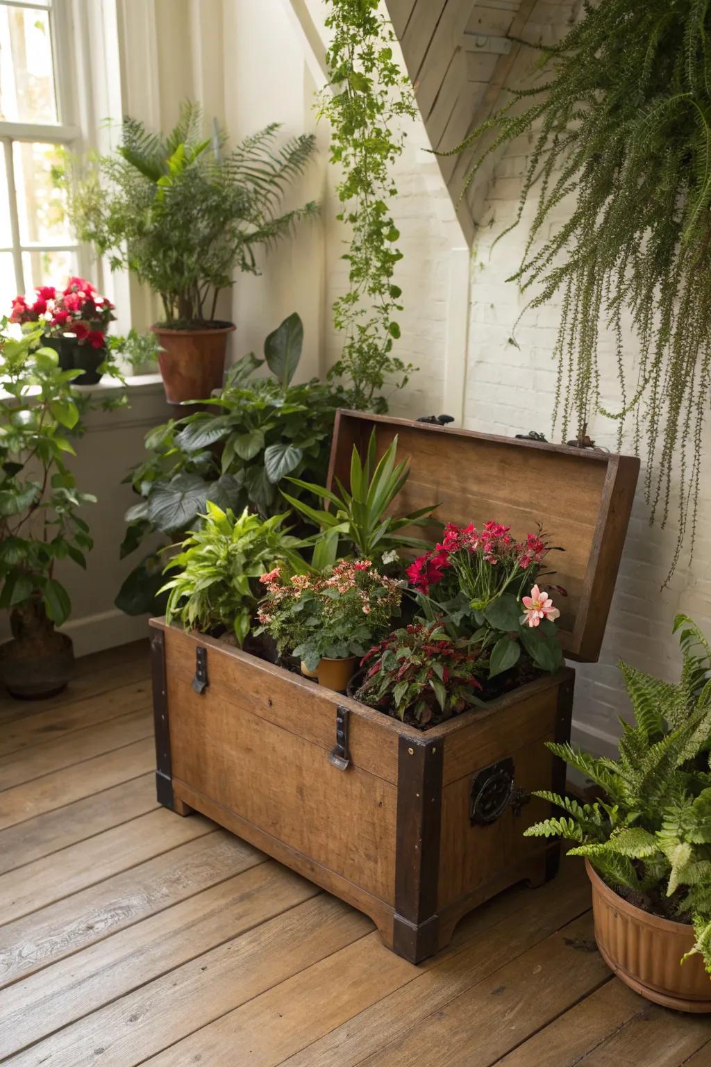 Your favorite plants look great in a cedar chest, which becomes a lush display.