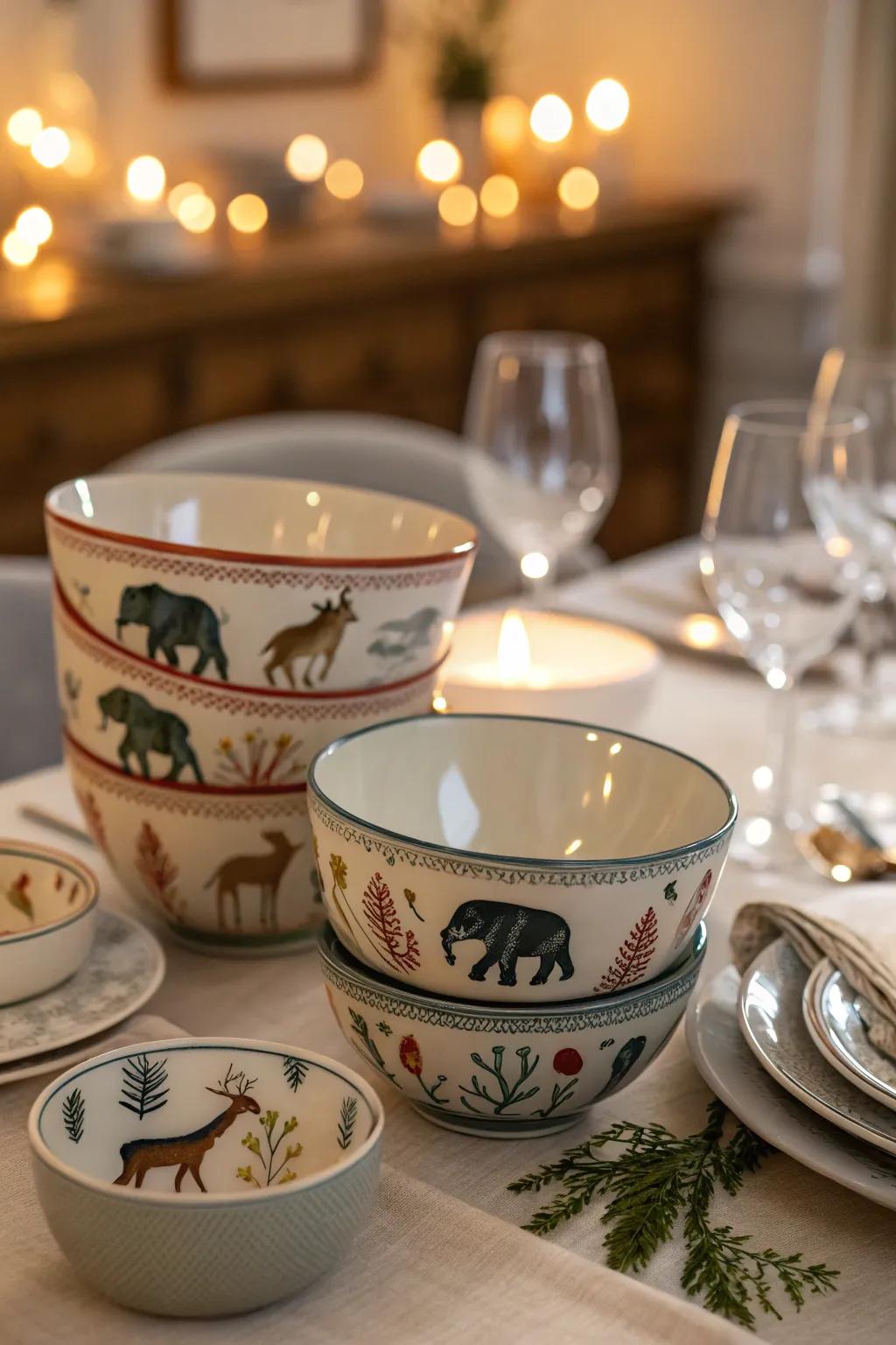 Themed serving bowls add a playful charm to meal times.