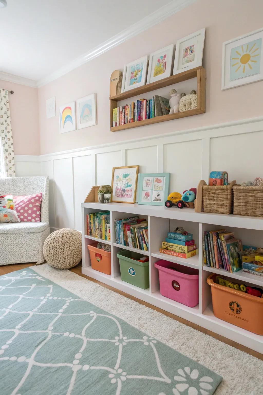 Entertaining and utilitarian display tailored for children’s chambers.