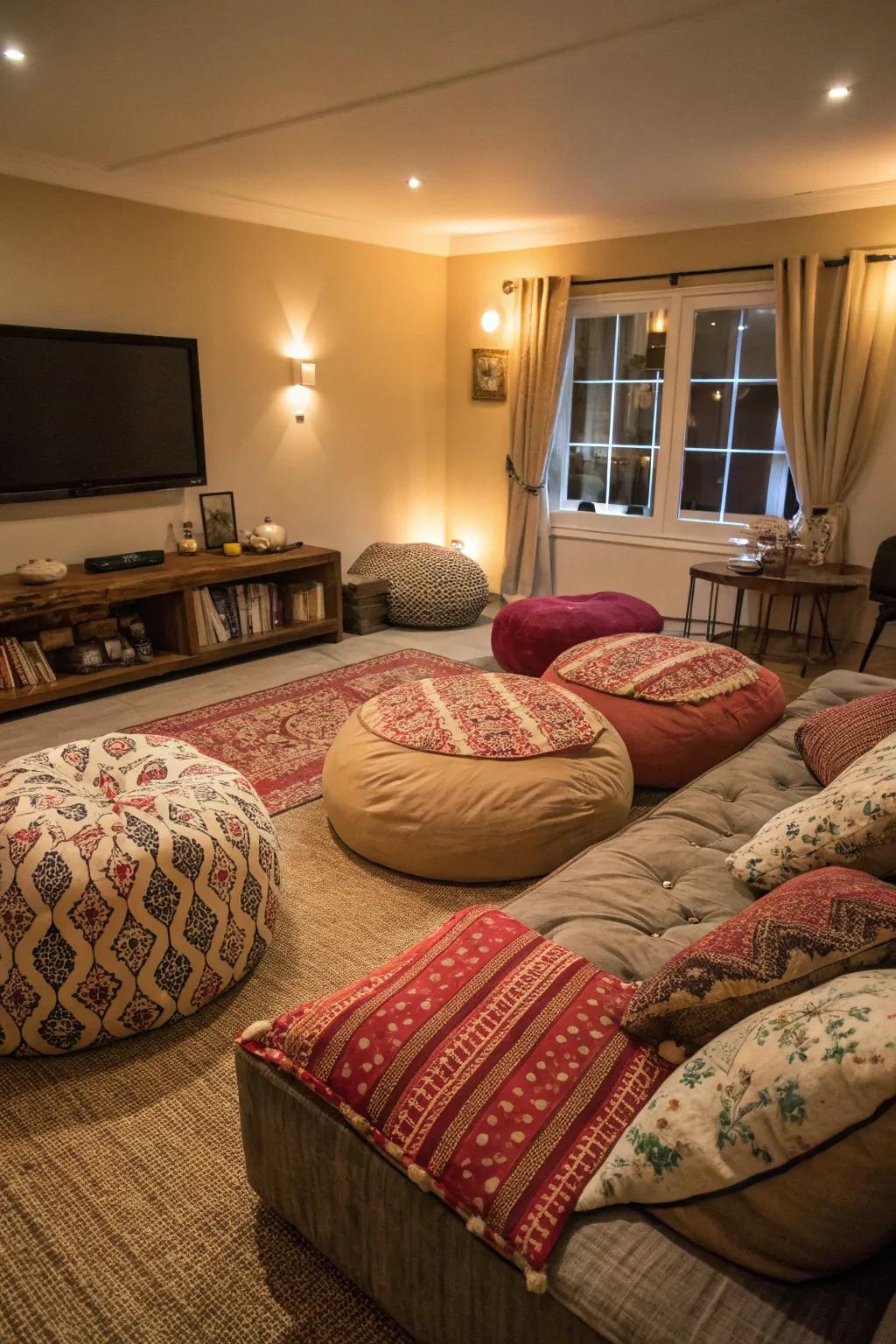 Floor seating creates a relaxed, welcoming atmosphere.