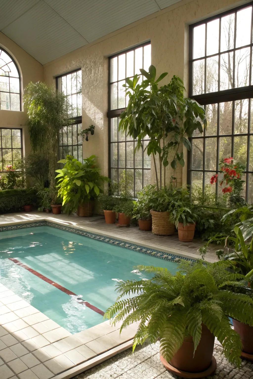 Your indoor pool area is revitalized with greenery.