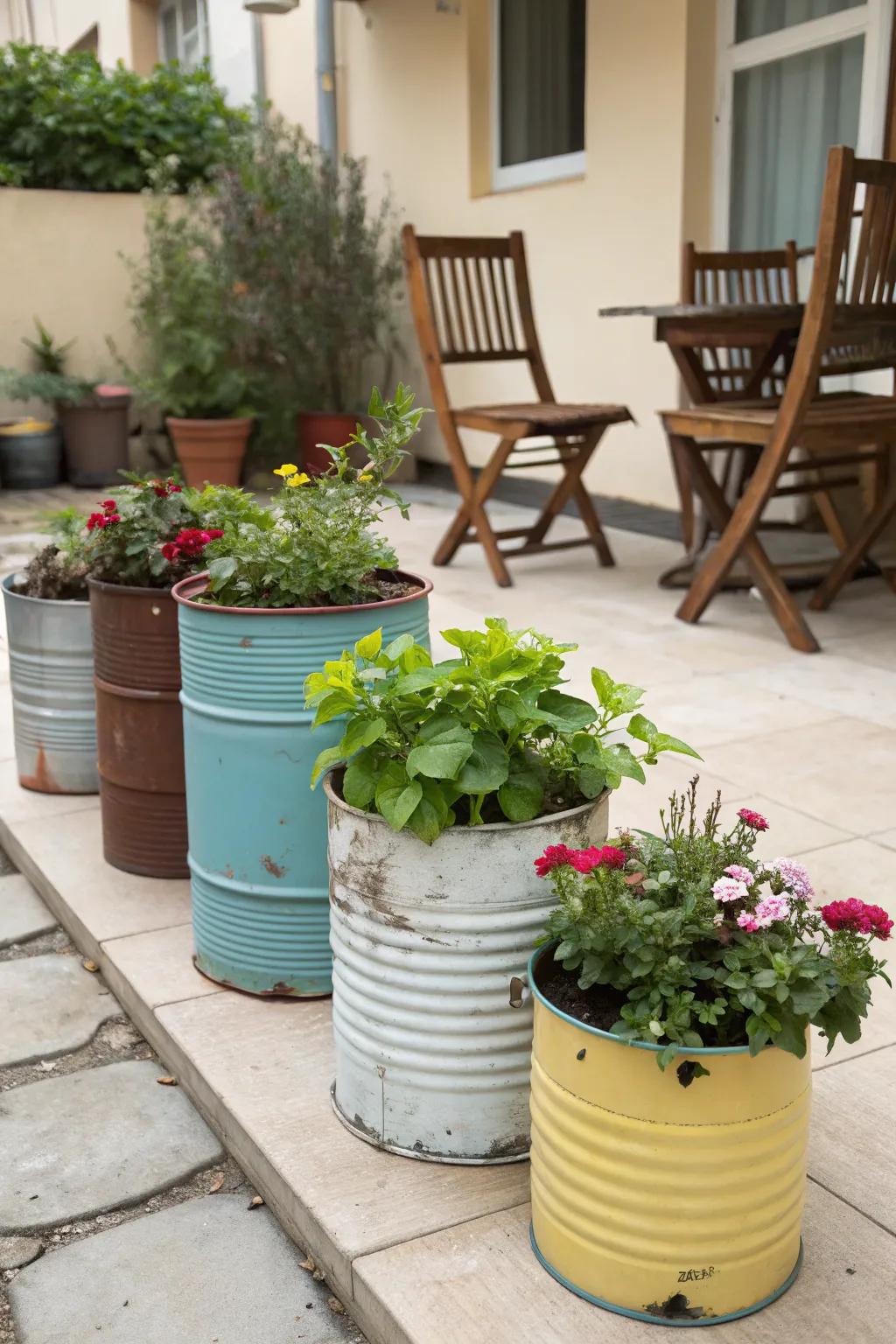 Upcycled planters give a personal touch to your patio.