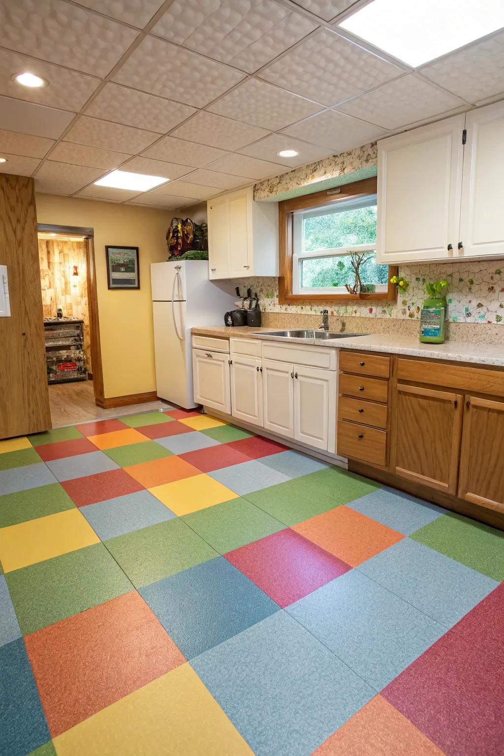 Sheet vinyl provides an energetic and water-resistant option for basement cooking areas.