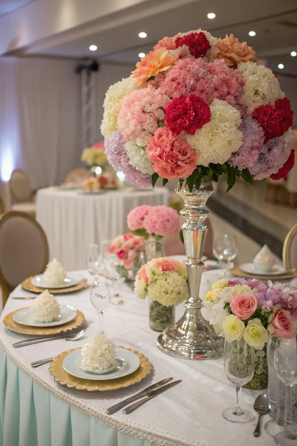 Gilliflowers introduce beauty and affordability to a wedding table arrangement.