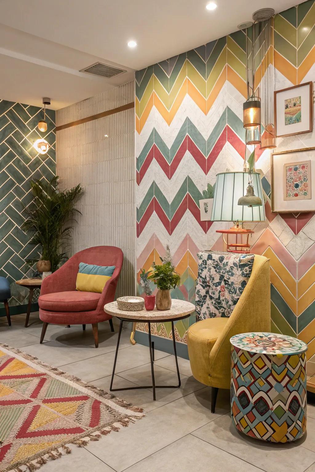 This room is given a fun and individualistic touch by the unexpected hues in zigzag layout tiles.