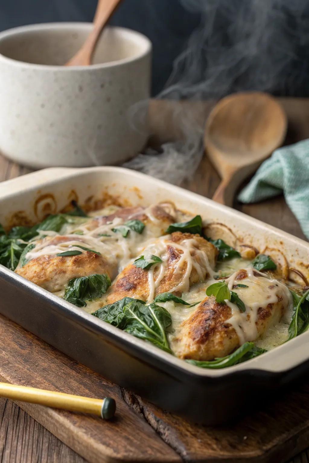 Baked chicken with spinach and gruyere, a snug delight.