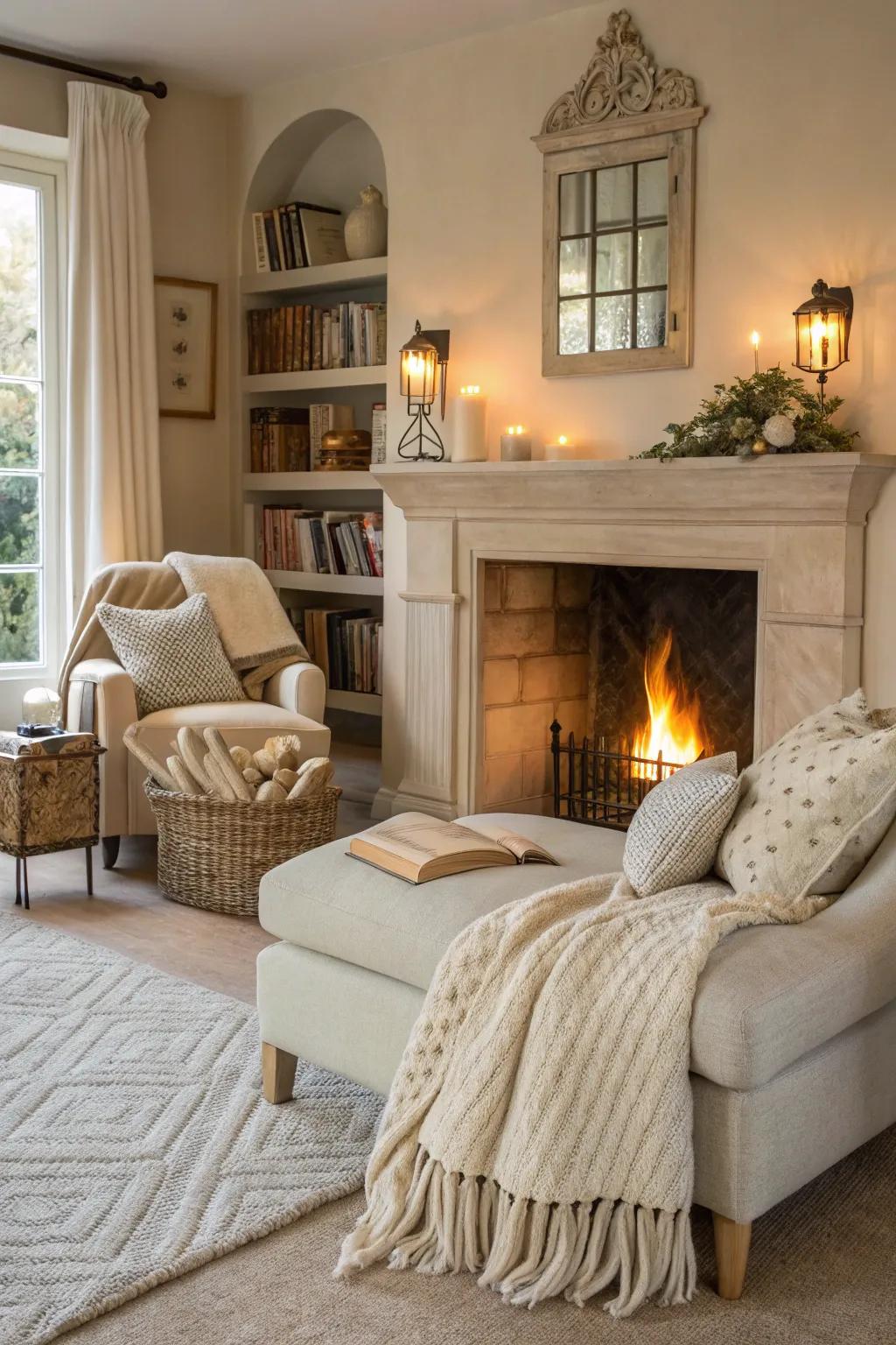 Gentle cream establishes a serene and cozy atmosphere in this living space.