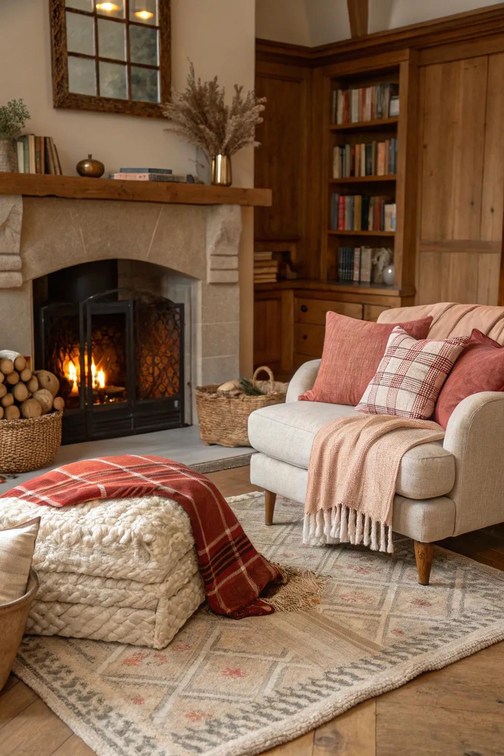 Textiles layered around the fireplace fashion a warm and welcoming sanctuary.