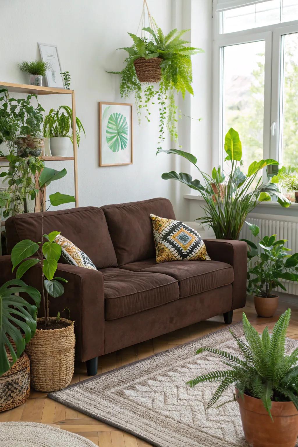 Natural accents such as plants add freshness to a cocoa sofa arrangement.