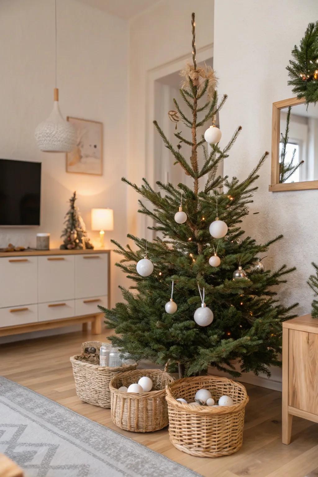 A minimalist Nordic Christmas bauble tree exhibiting serene and native splendor.