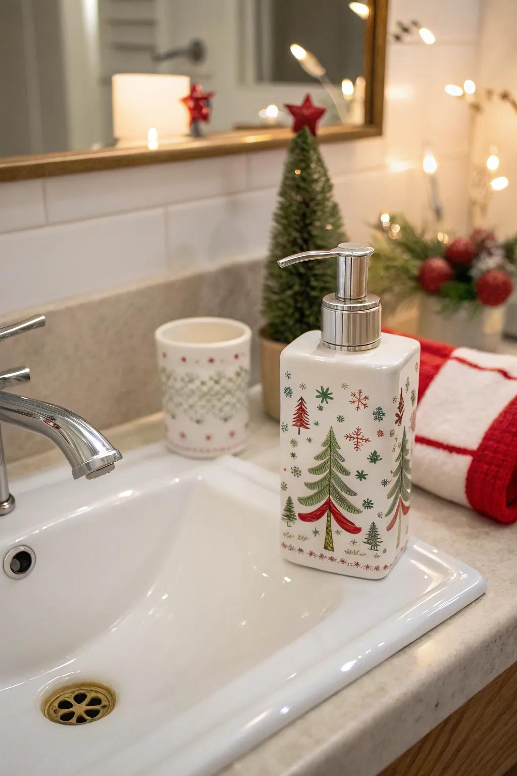 A holiday-themed hand soap pump brings a celebratory flair.