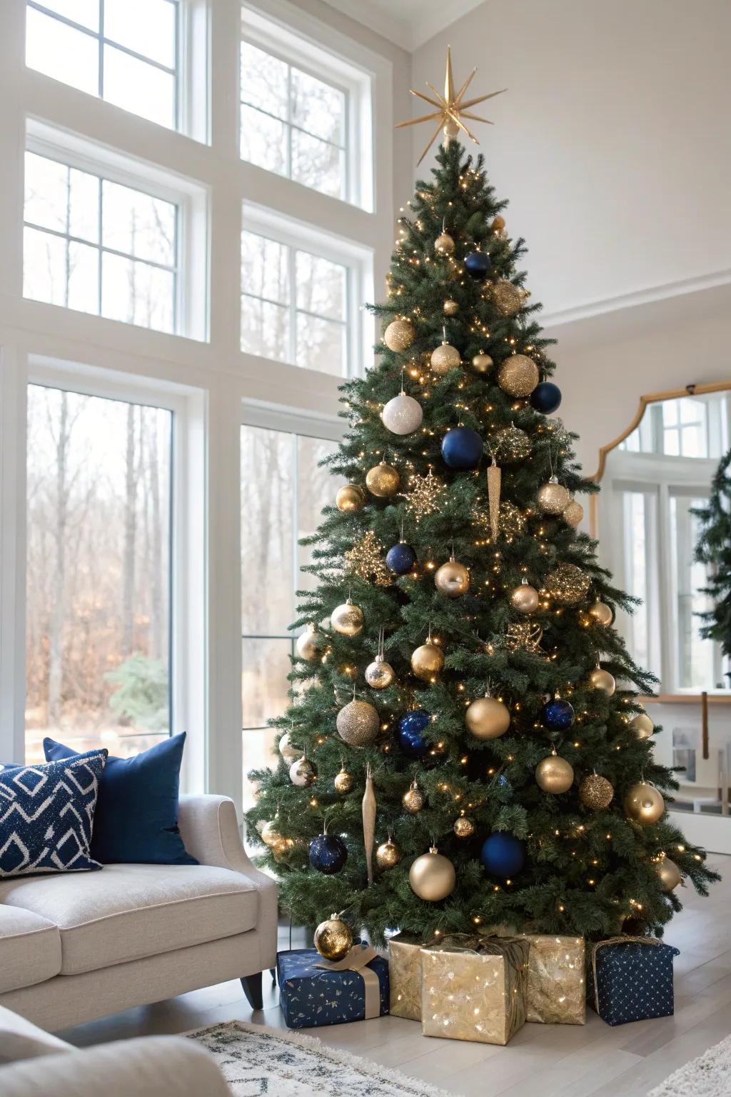 A sophisticated Christmas featuring deep azure and sparkling aurum.