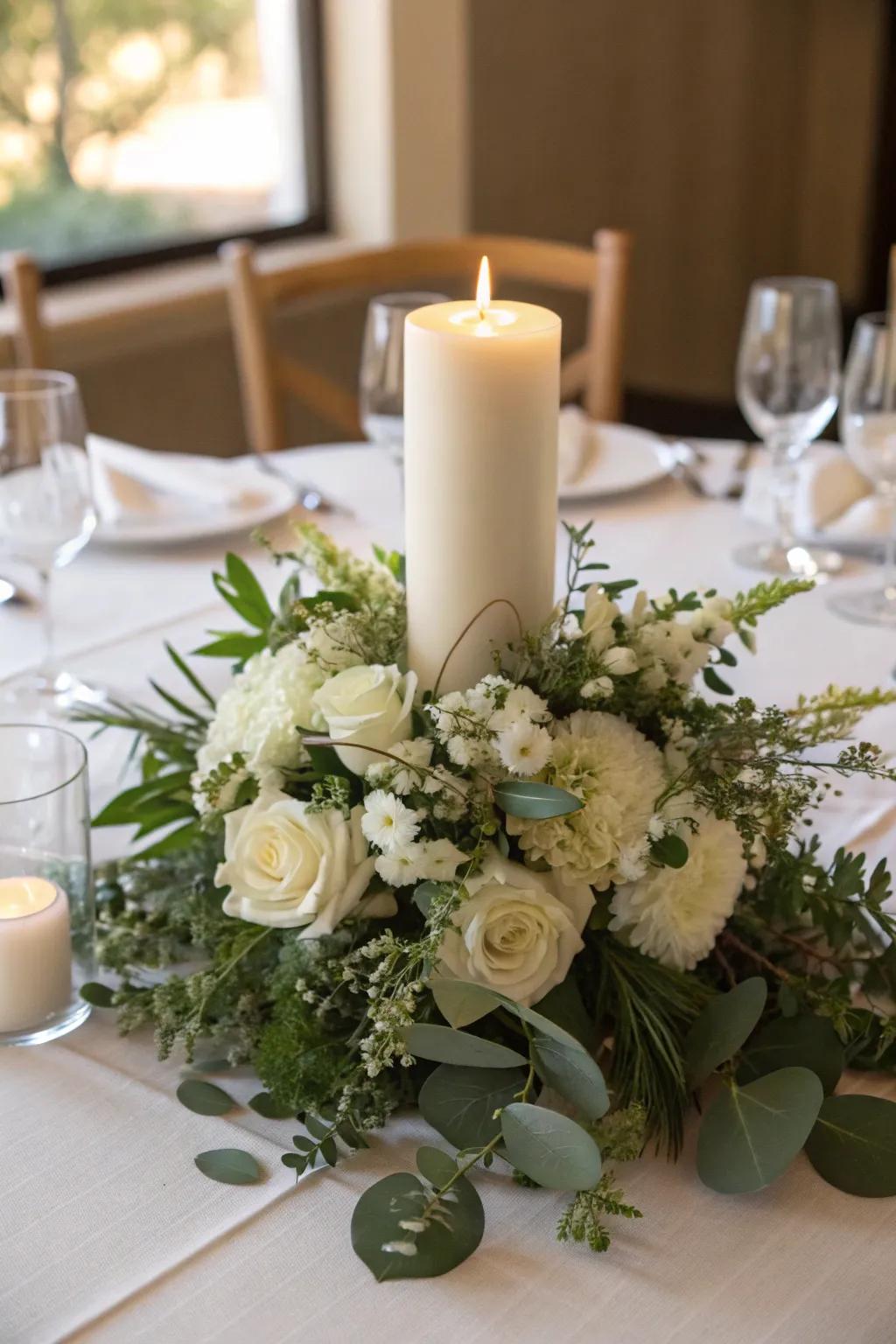 Tapers append a pleasant radiance towards an alluring floral centerpiece.