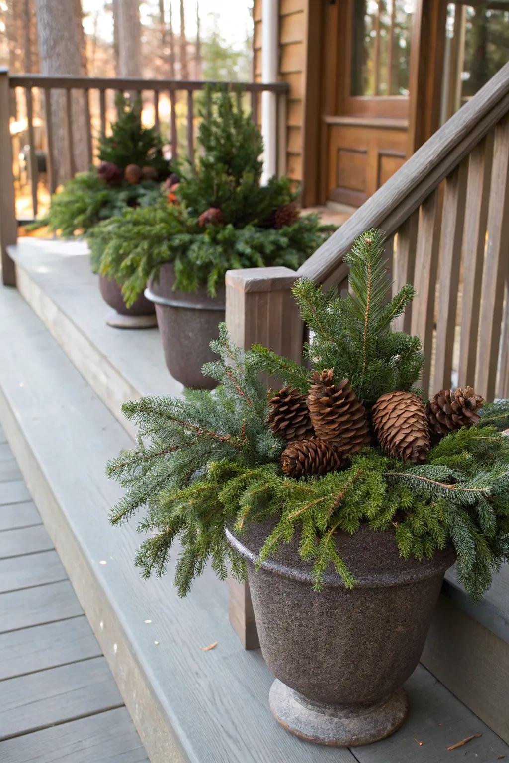 Seasonal planters featuring evergreens and pinecones for celebratory verdure.