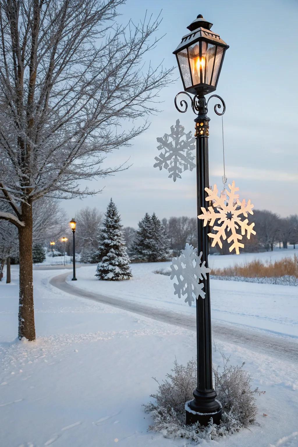 Handmade snowflakes fashion a winter paradise around a lamp post.