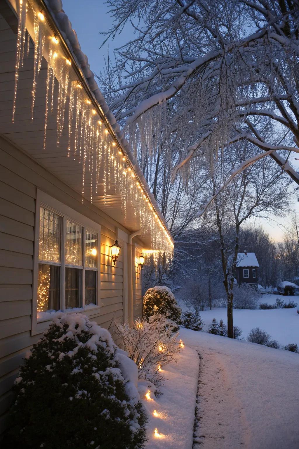 Sparkling drip lights adding a touch of elegance to a home's exterior.