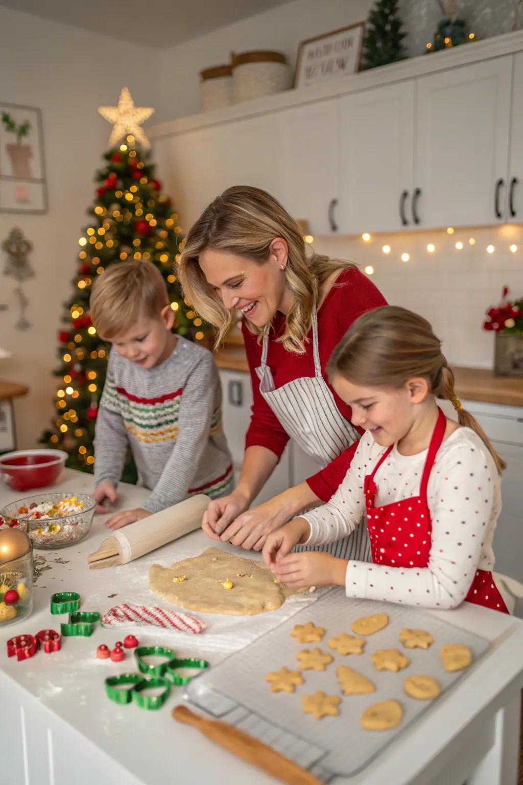 A family creating Christmas cookies, documenting the joyful flurry and excitement of holiday preparations.