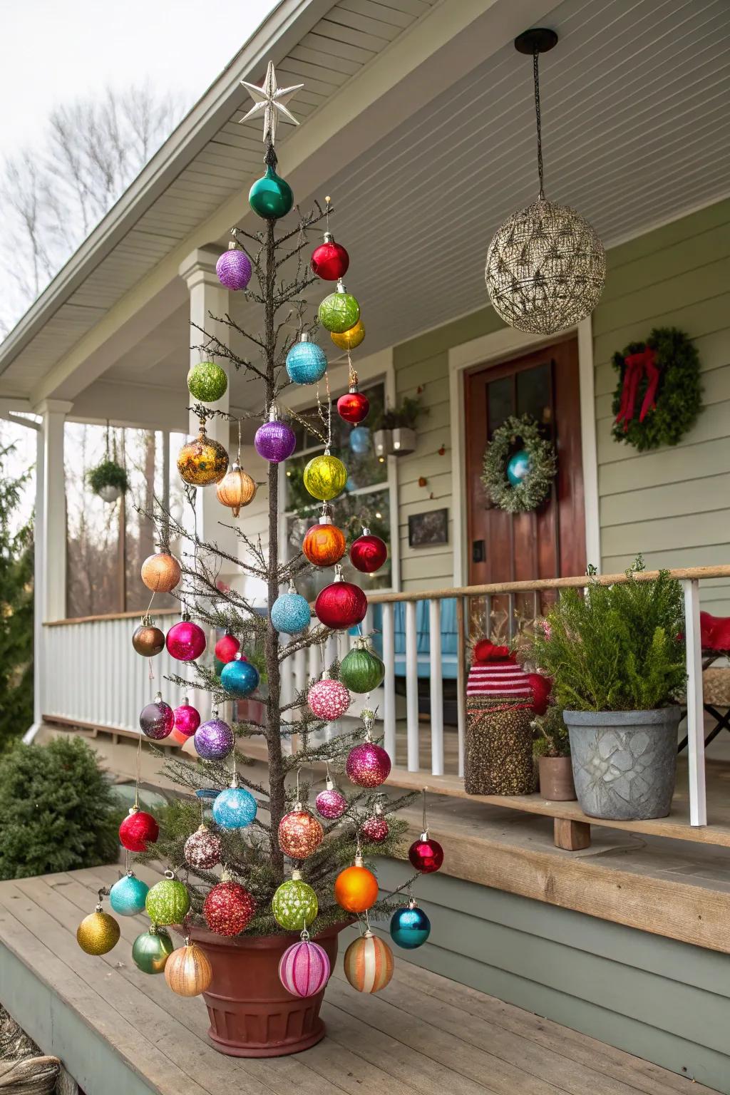 A singular fir crafted from baubles injects a wow component into the porch.