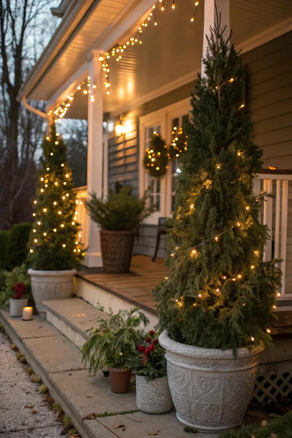 Potted evergreens convey the natural world to your doorstep.
