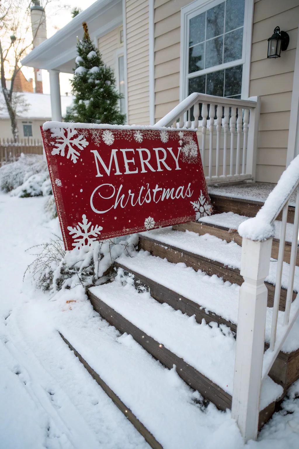 Greet visitors with an exterior 'Merry Christmas' notice.
