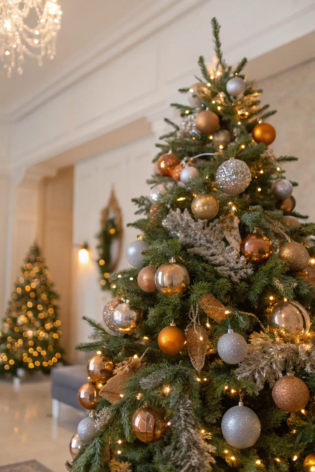 A dazzling metallic Christmas tree shimmering with elegance.