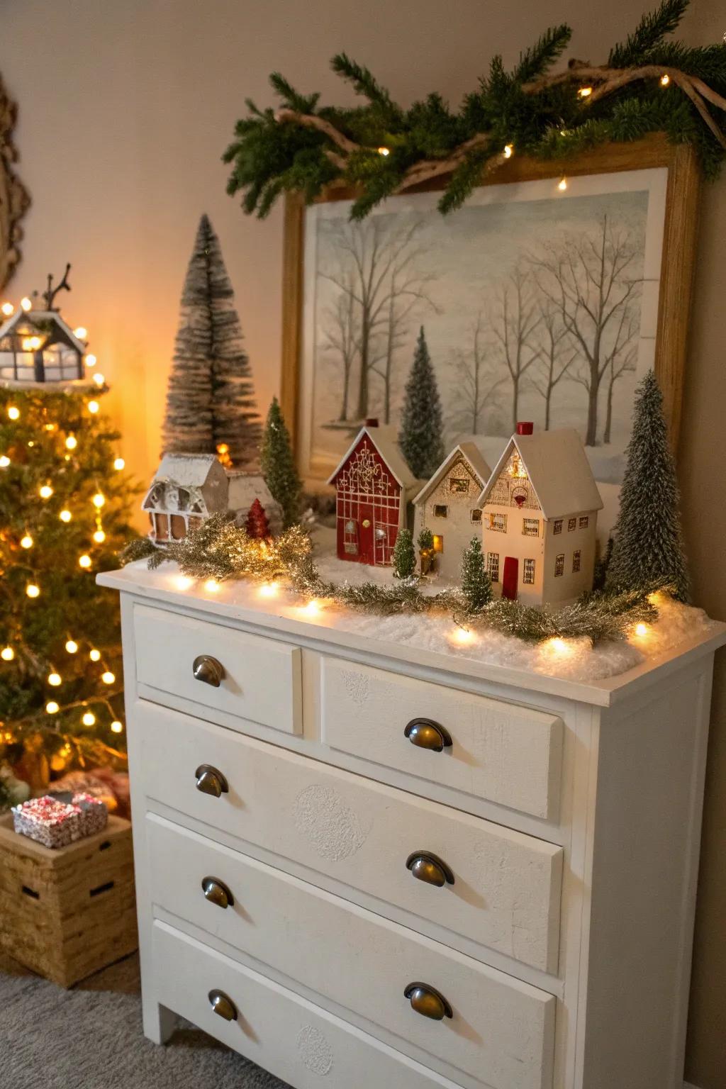 A repurposed chest of drawers evolves into a creative Christmas village exhibition.