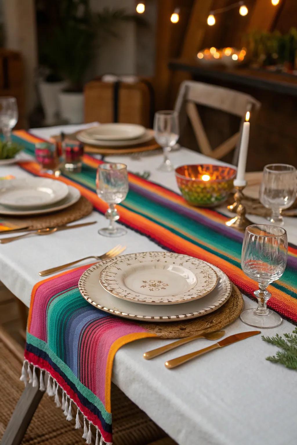 Incorporate color and warmth featuring a serape table runner.