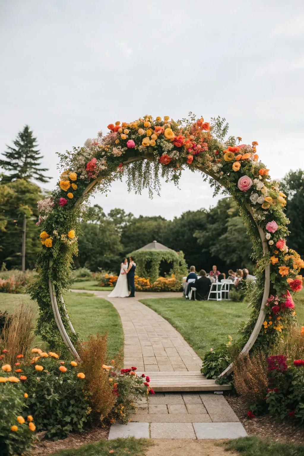 A lively circle arch brimming with colorful flowers.