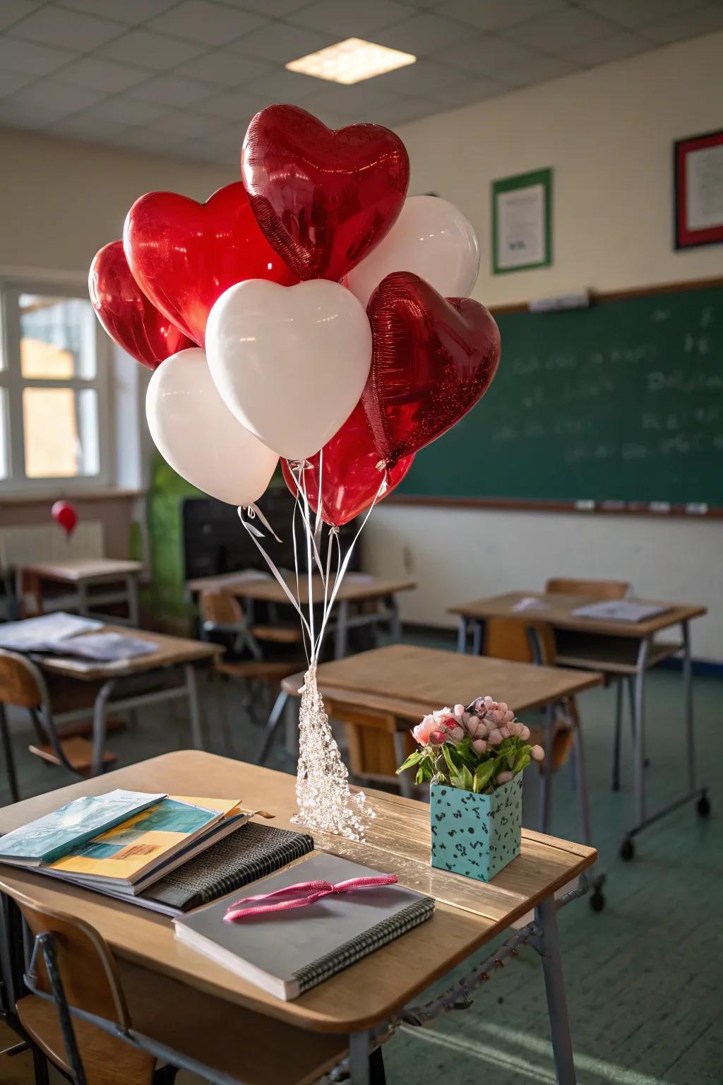 Cardiac-shaped balloons infusing a celebratory pizzazz.