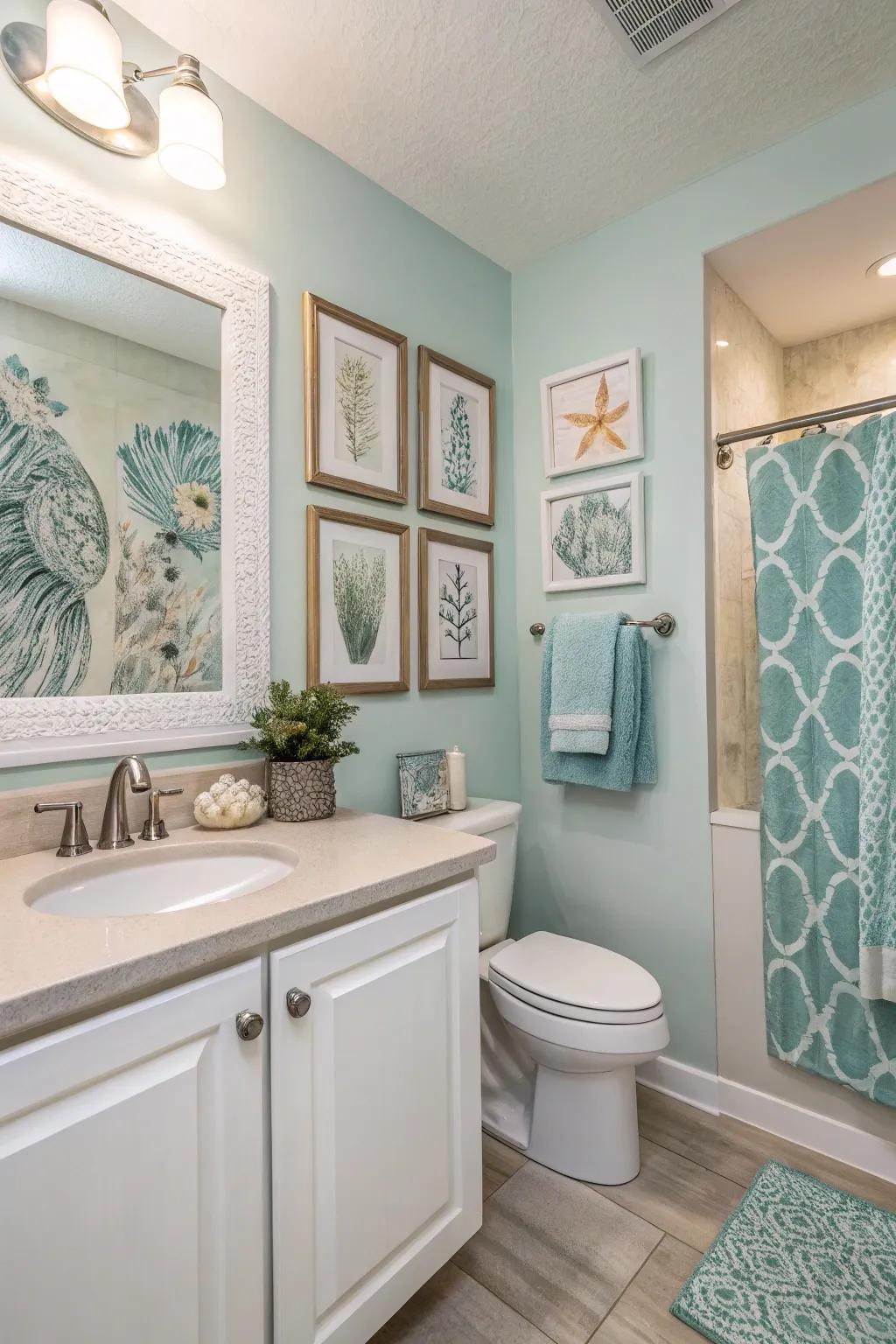 A bathroom where wall art integrates smoothly with the current color scheme.