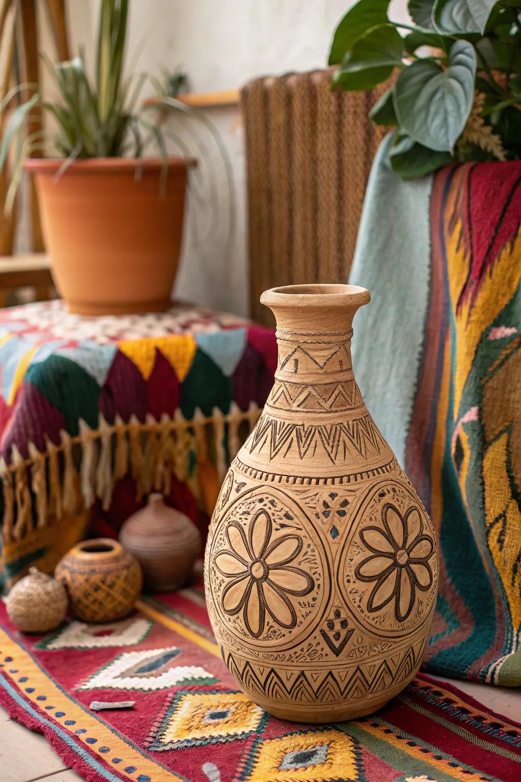 An earthenware vase with a bohemian vibe with free-form patterns contributing creative flair.