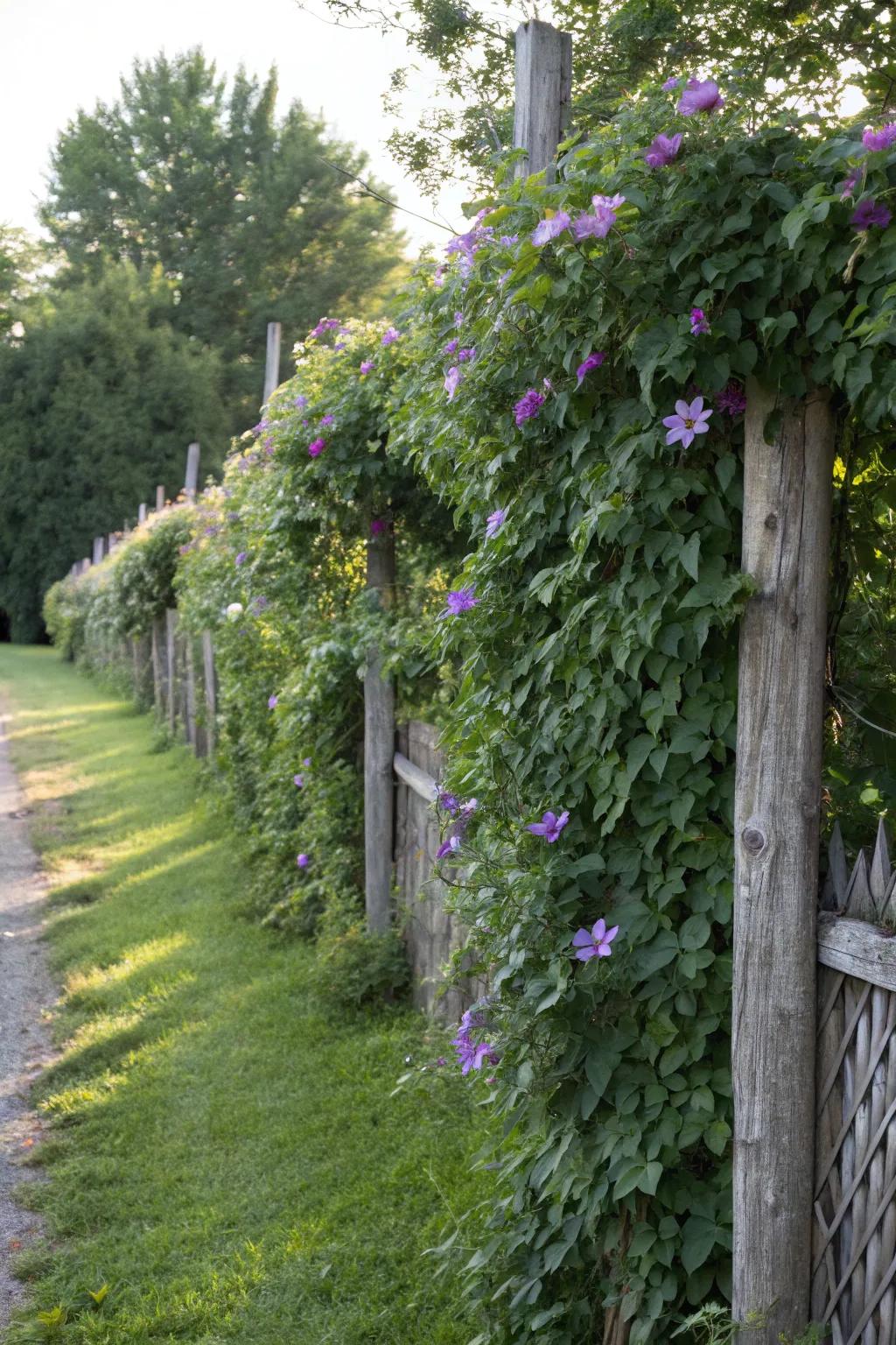 A living fence climbing support adds clematis into a working garden border.