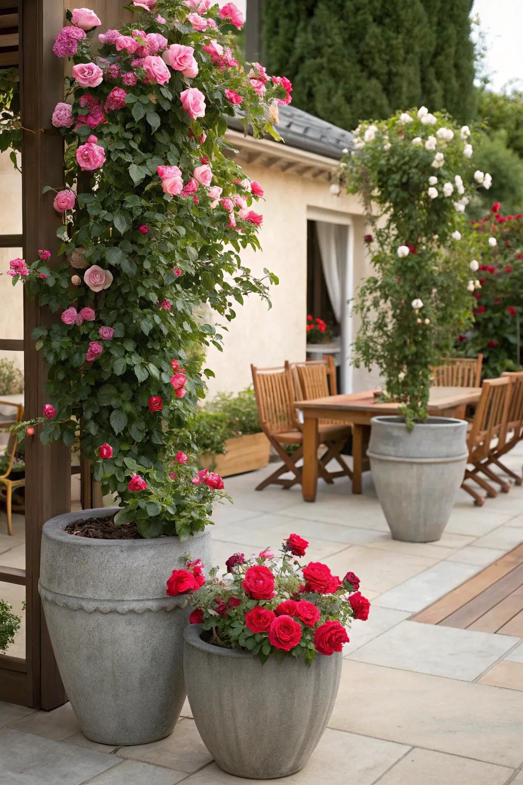Introduce seasonal hues to patios with planters brimming with climbing roses.