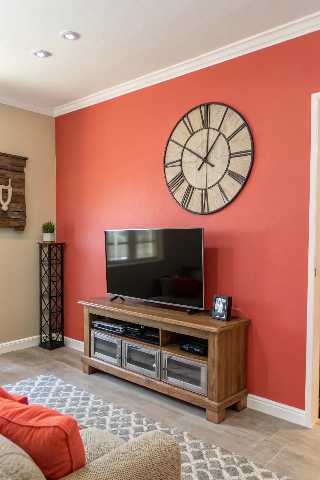 An accent wall introduces a splash of color, causing the television and clock to emerge.