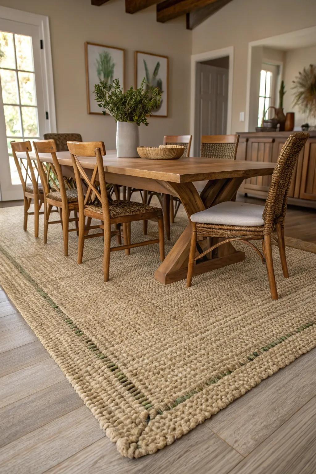 Seagrass floor coverings introduce unrefined texture to the dining area.