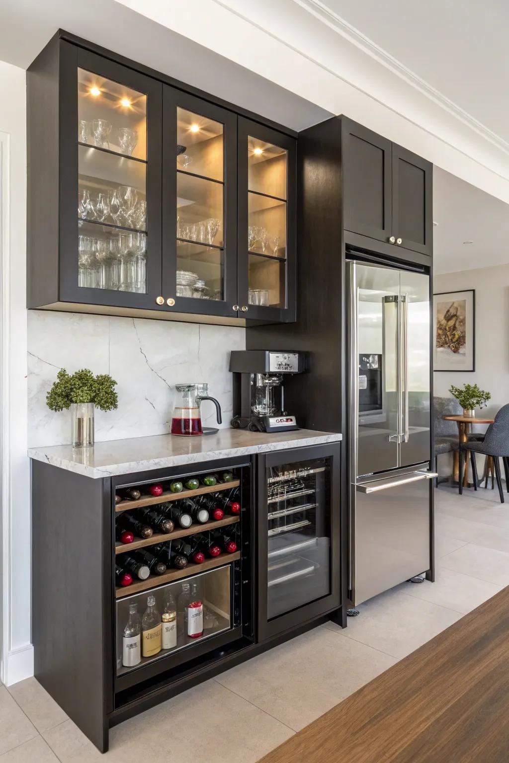 A multifunctional cabinet accommodating both coffee and wine.