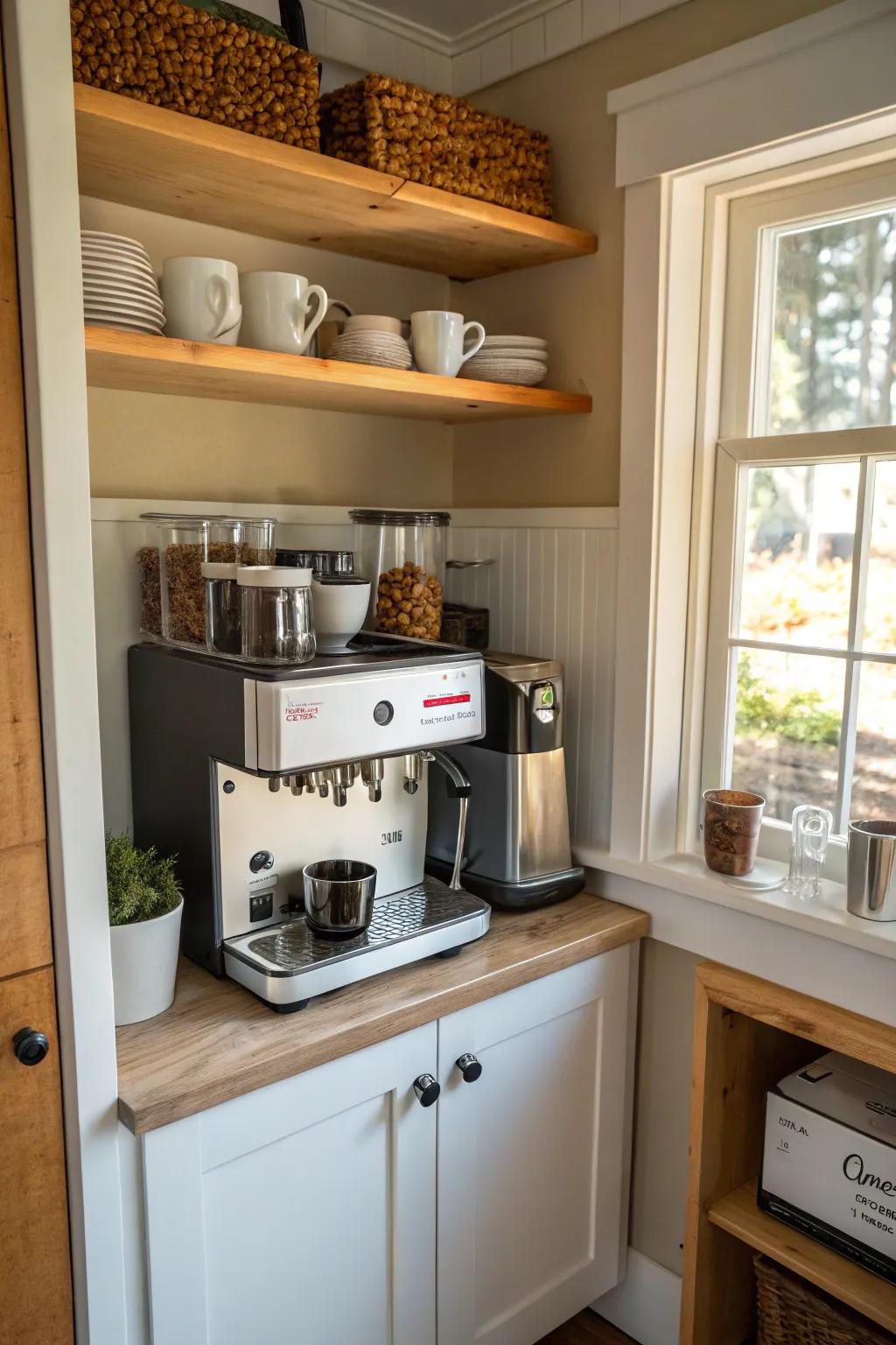 A small coffee bar cleverly fitted into a kitchen area.