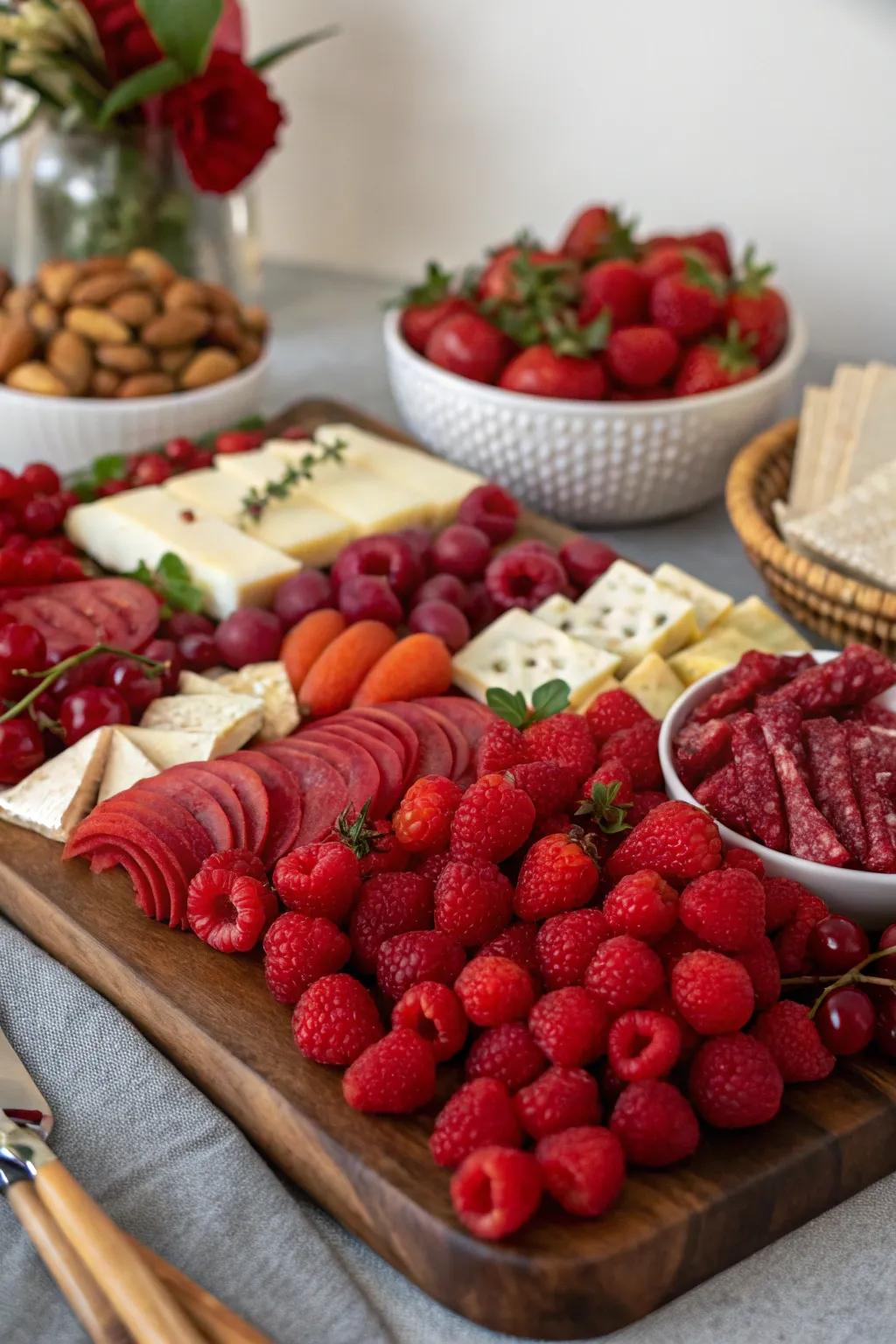 A visually arresting red-themed delicatessen board.