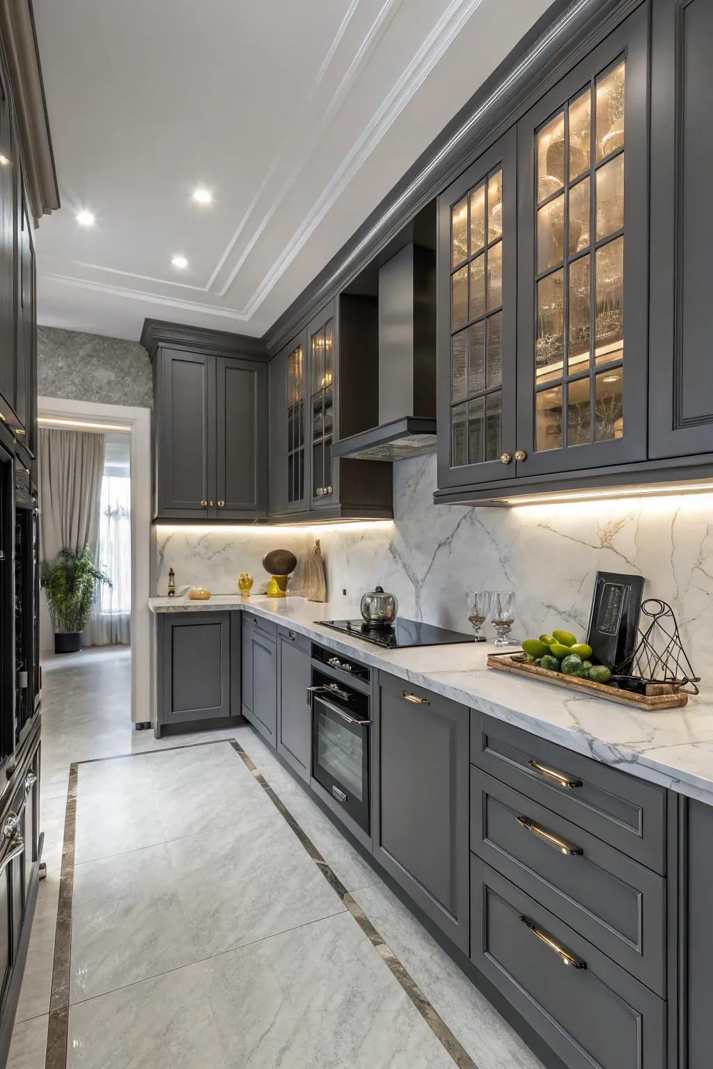 Dark cabinets set against misty grey shades for a sleek and modern kitchen design.