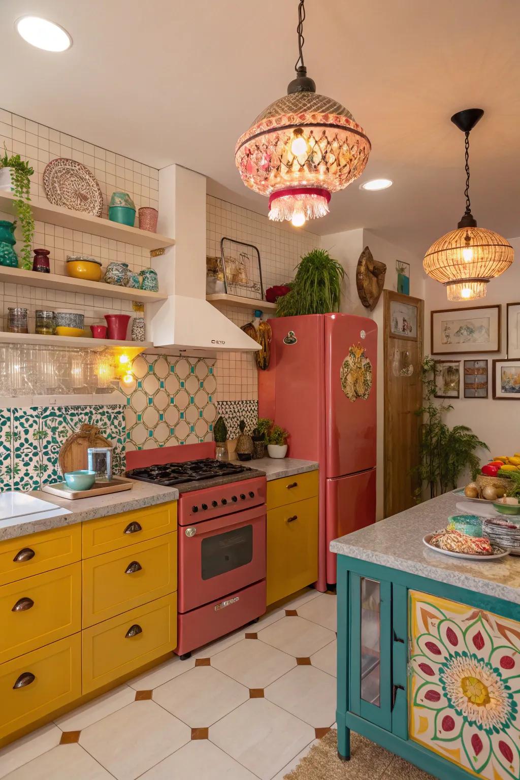 Singular illumination pieces impart an artistic quality to the cooking space.