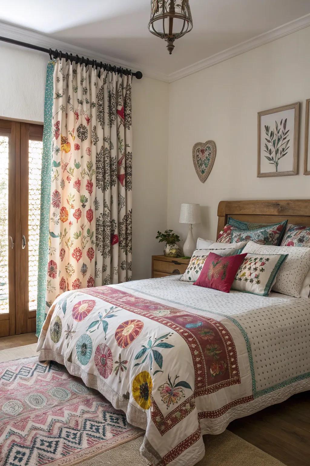 An assortment of designs and prints adds personality to this bedroom.