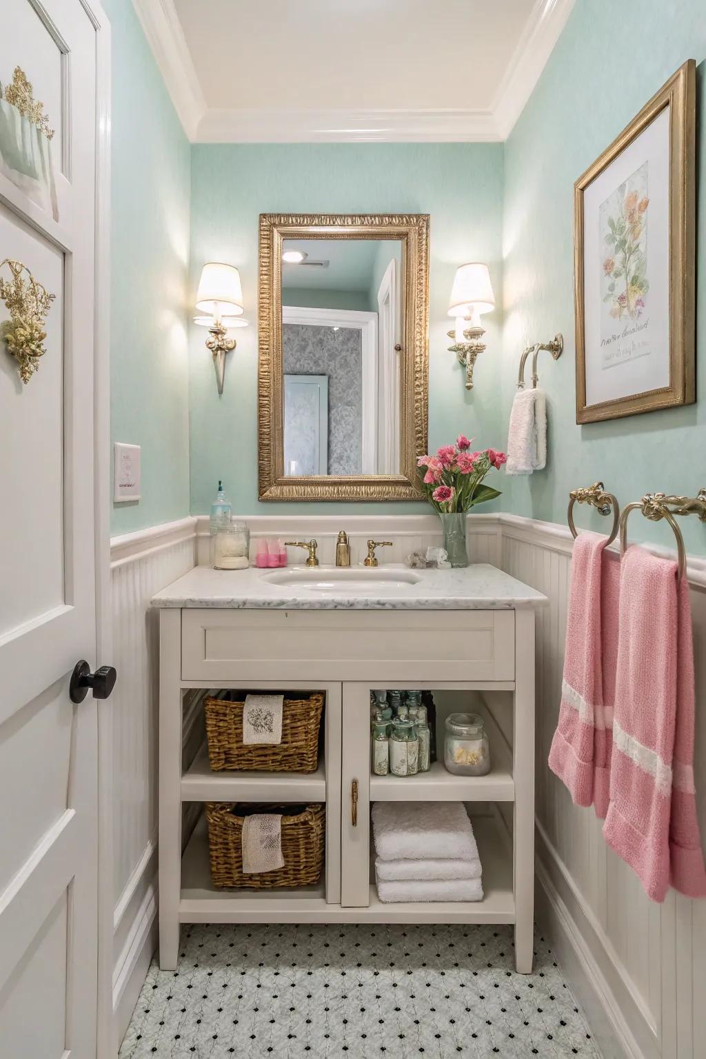 A streamlined guest bathroom with clever utilization of color and decoration.