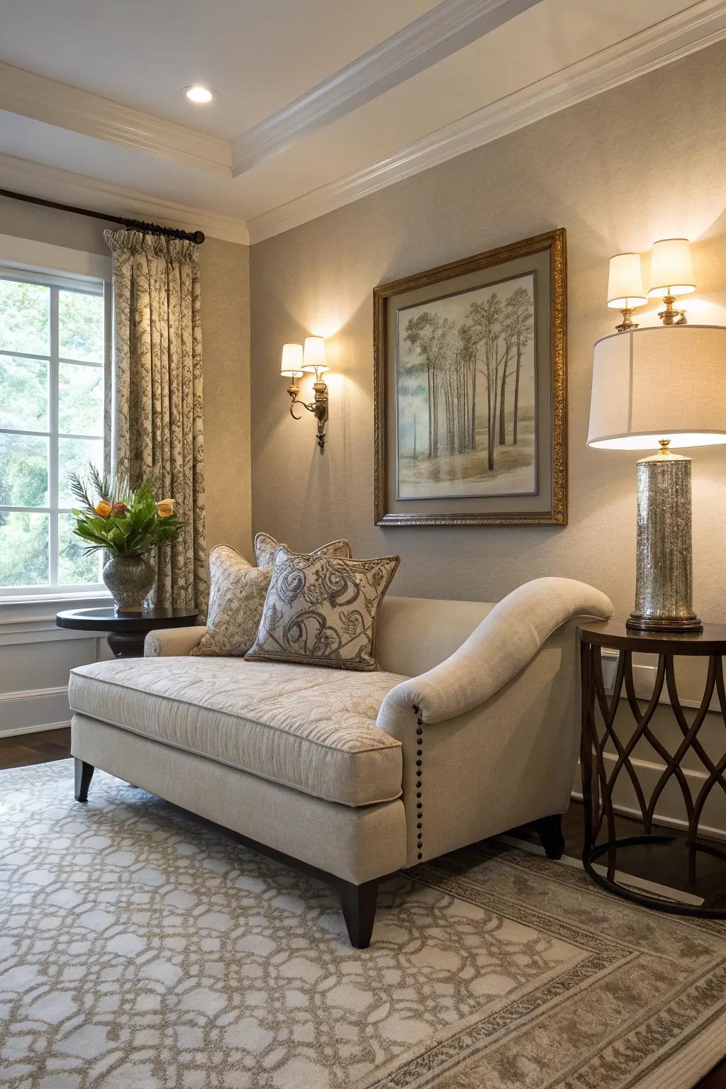 A chaise lounge offering relaxation in a small space.