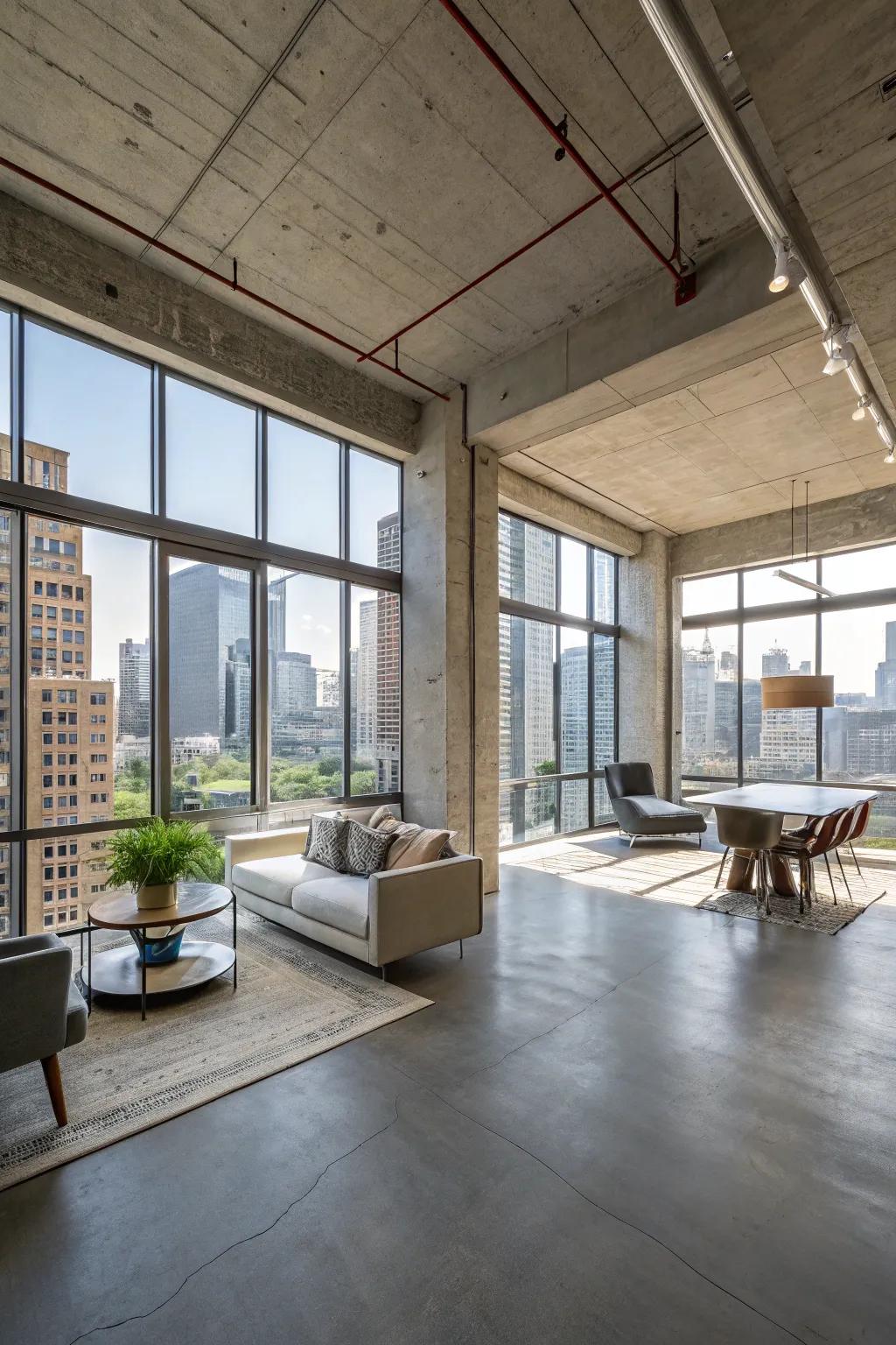Open-style apartment featuring concrete flooring and expansive windows.